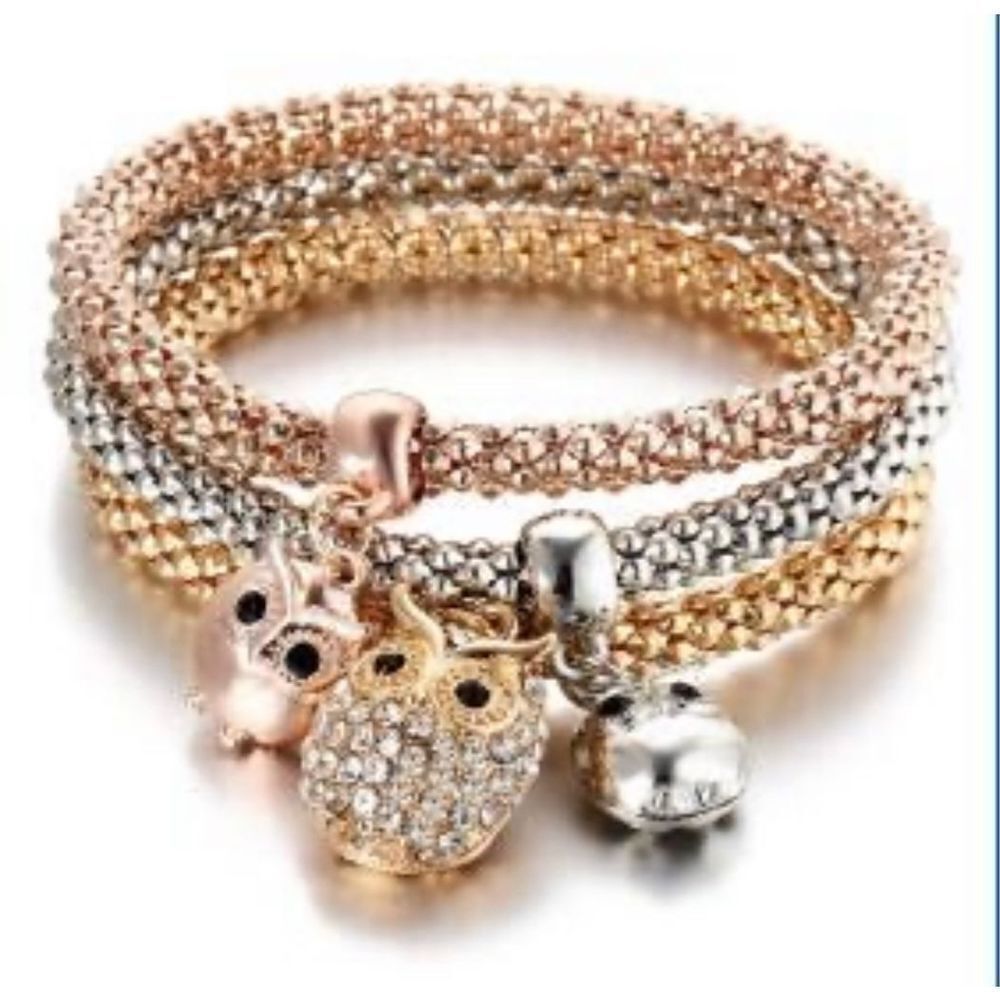 Owl pendant golden beaded bracelet, three color bracelets